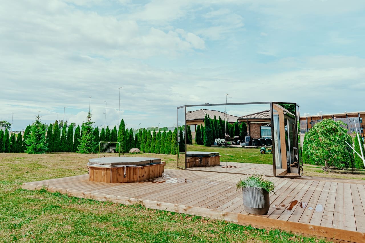 Haljas Hele DOUBLE - Luxury Glass 7 Person Outdoor Sauna w/ Changing Room - The Sauna Store