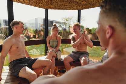 Haljas Hele DOUBLE - Luxury Glass 7 Person Outdoor Sauna w/ Changing Room - The Sauna Store