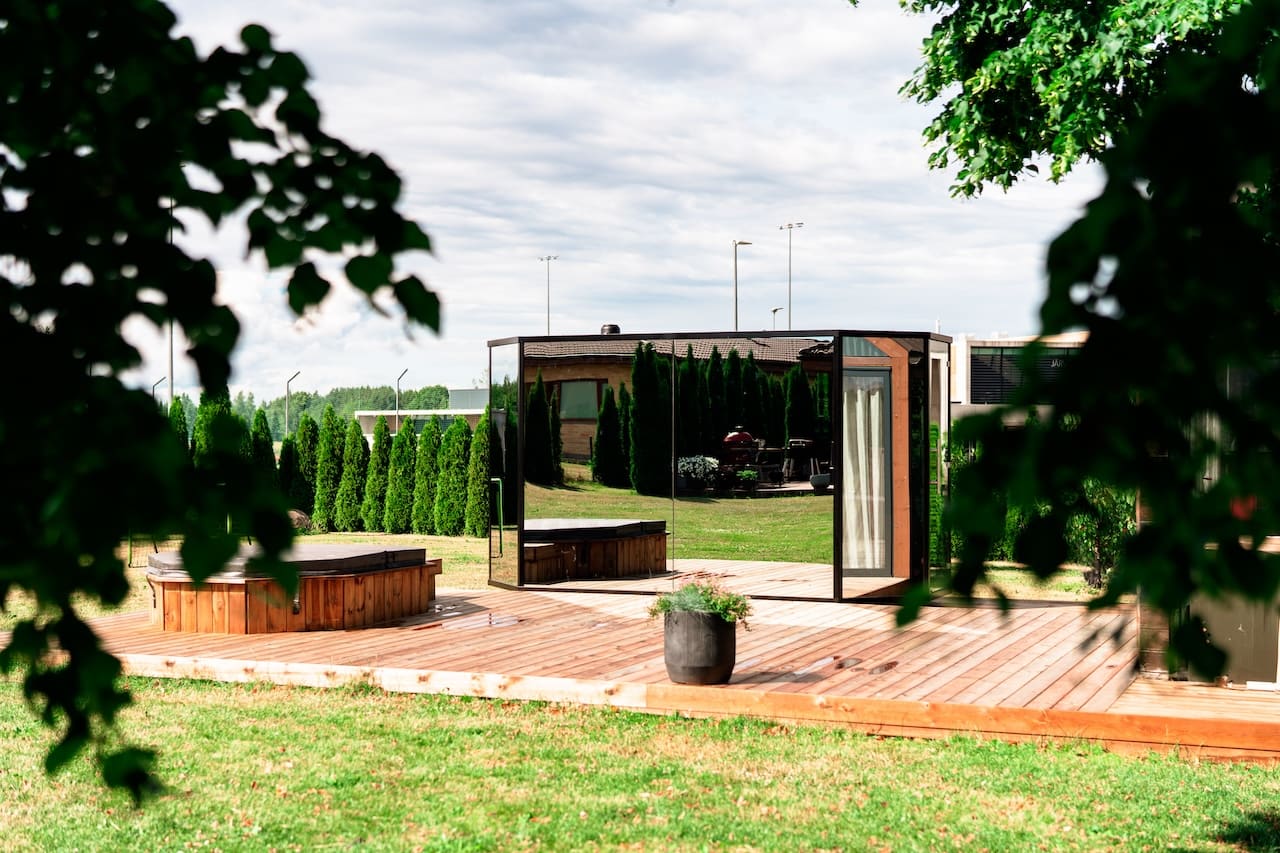 Haljas Hele DOUBLE - Luxury Glass 7 Person Outdoor Sauna w/ Changing Room - The Sauna Store